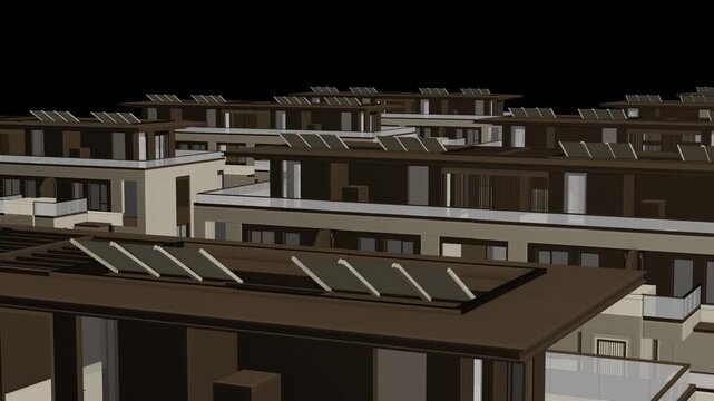 Animation of a Generic Apartment Building with solar panels on top, Seamless Looped Animation, 3D rendering	