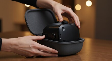 Woman carefully placing vr headset in protective case