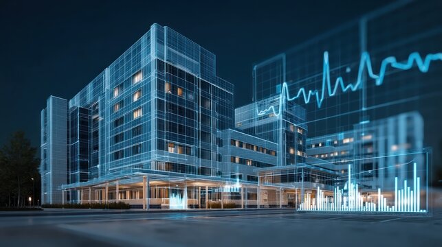 Modern hospital architectural design at night with overlayed data charts