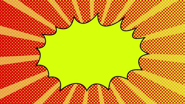Pop art yellow and red comic book cartoon background. Radial lines rotate on a halftone pattern. Space for text, speech bubble, yellow halftone texture with dots. Cartoon splash effect