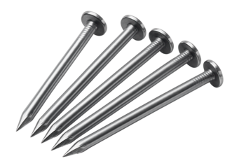 Five shiny metal nails with flat heads and pointed tips arranged in a fanned pattern on transparent background.