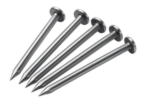 Five shiny metal nails with flat heads and pointed tips arranged in a fanned pattern on transparent background.