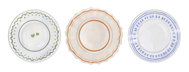 Watercolor hand painted French styled vintage porcelain plate simple sketch illustration on white background. DIY elements for traditional cuisine menu, social media, ads and posters