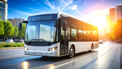 Fototapeta premium Modern city bus gliding through downtown streets on sunny day bringing people together for work or leisure