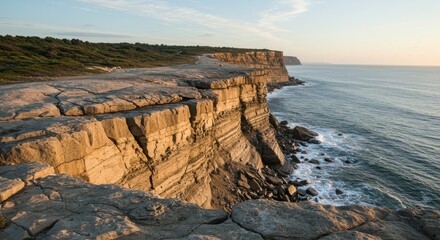 Dramatic coastal cliffs at sunrise with foamy waves