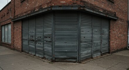 Weathered green metal roll-up doors on brick building corner