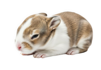 A very cute baby rabbit with brown and white fur, lying down and looking forward, isolated on transparent background