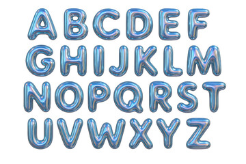 Full English Alphabet Presented as Shiny, Iridescent Blue Foil Balloons with a Subtle Sparkle Effect
