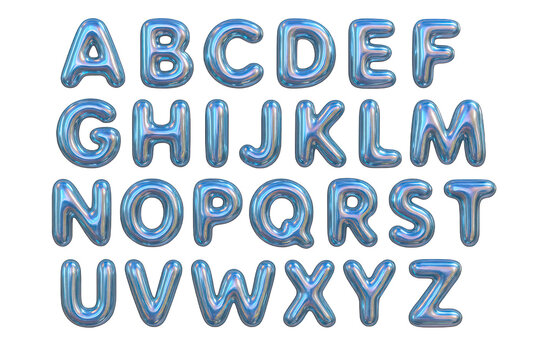 Full English Alphabet Presented as Shiny, Iridescent Blue Foil Balloons with a Subtle Sparkle Effect