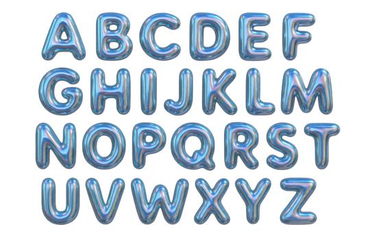 Full English Alphabet Presented as Shiny, Iridescent Blue Foil Balloons with a Subtle Sparkle Effect