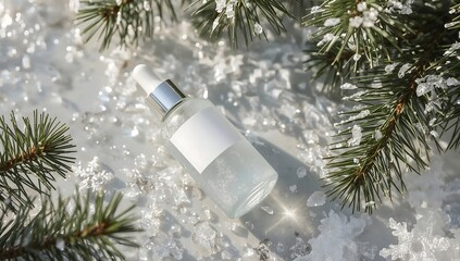 Winter skincare product surrounded by snow and pine needles