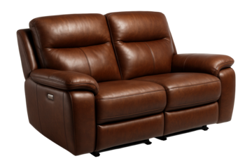 Luxurious brown leather recliner sofa with plush cushioning and contemporary design on transparent background.