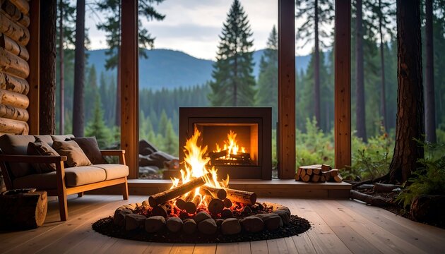 Cozy log cabin porch with a crackling fire