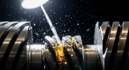 Metalworking: Close-up of a Worm Gear Cutting Process with Lubricant