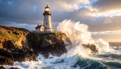 Lighthouse Overlooking Crashing Waves on Rocky Coastline at Sunset