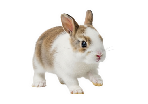 A very cute baby rabbit with brown and white fur, standing and looking forward, isolated on transparent background