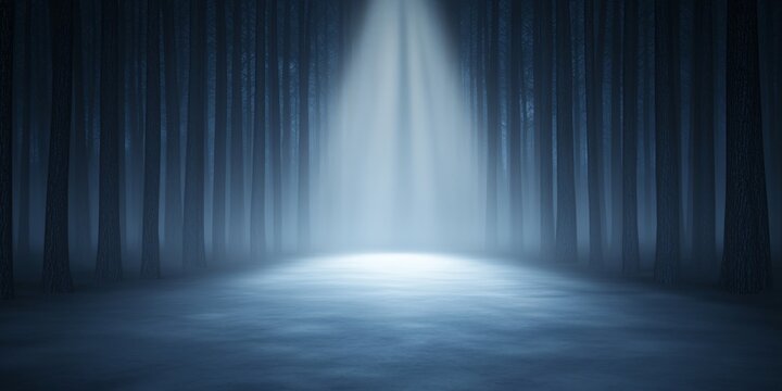 A high-contrast spooky haunted forest halloween background. A narrow path through the woods is illuminated by a single, unnatural beam of light, while the rest of the forest remains pitch black.