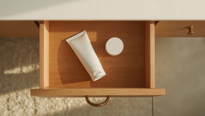 Open wooden drawer with skincare products and cotton pad