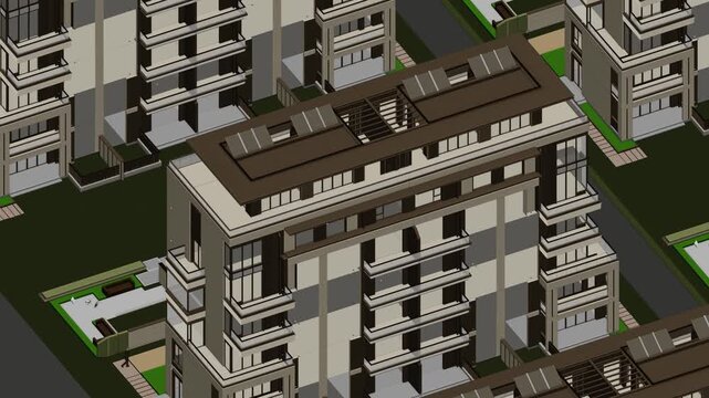 Animation of a Generic Apartment Building with solar panels on top, Seamless Looped Animation, 3D rendering	