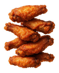 A stack of crispy golden-brown fried chicken wings perfectly arranged on transparent background.