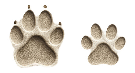 Two realistic sand paw prints of different sizes depicted on a transparent background.