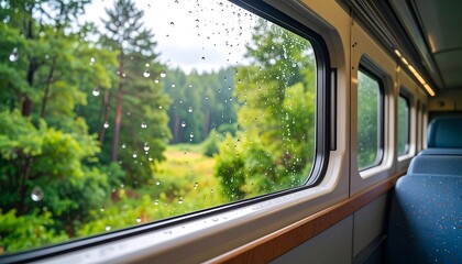Looking at Green Forest From Train Window on a Rainy Day