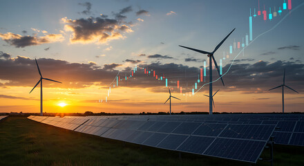 Sustainable energy investment opportunity with wind turbines and solar panels at sunset creating vibrant eco future