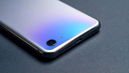 Stylish blue gradient smartphone with reflective surface and minimal camera design on dark base