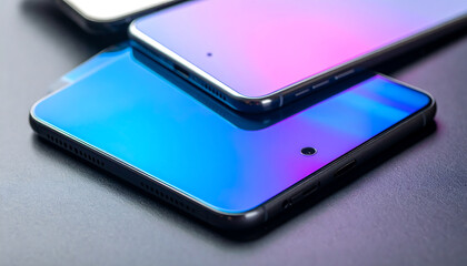 Pair of modern smartphones with blue-purple gradient design and minimalist back camera layout