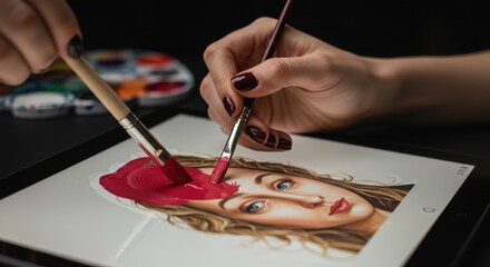 Fototapeta premium Artistic hands painting portrait on tablet with crimson paint and brushes