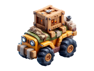 Colorful toy vehicle with crate on transparent background, isolated