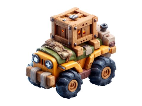 Colorful toy vehicle with crate on transparent background, isolated