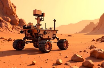 Robot Mars Rover. Mars. Robot on Mars. Robot exploring .