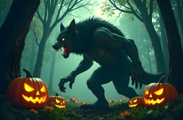 Happy Halloween. A werewolf walks through a dark forest. Halloween jack-o'-lantern pumpkin in the woods with werewolves.