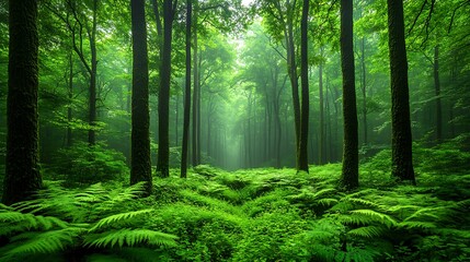 Fototapeta premium Lush forest floor covered in ferns and trees.