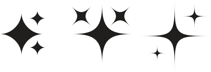 Black Sparkle Star Icon Set – Minimalist Twinkle Symbols with Retro Aesthetic for Stickers, Prints, Digital Art, UI Design, and Decorative Graphic Elements on Transparent Backgrounds