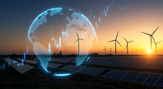 Invest in our vibrant future with sustainable energy wind turbines and solar panels at sunset