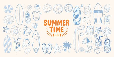 Summer time beach vacation fun with surfing and tropical elements