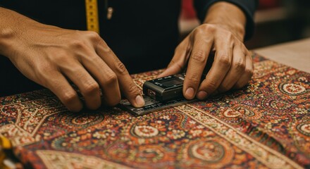 Measuring intricate fabric tailor's hands with ruler and patterned textile