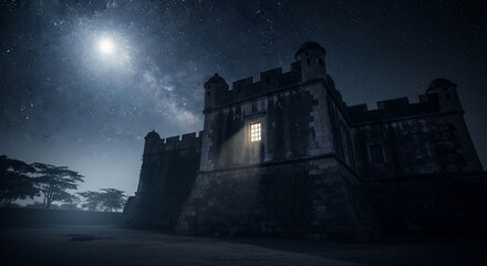 Fototapeta premium Mysterious Ancient Stone Castle with Glowing Window Under Starry Night Sky