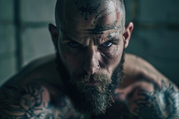 Clear Pixel Image of Tattooed Prisoner Staring at Camera