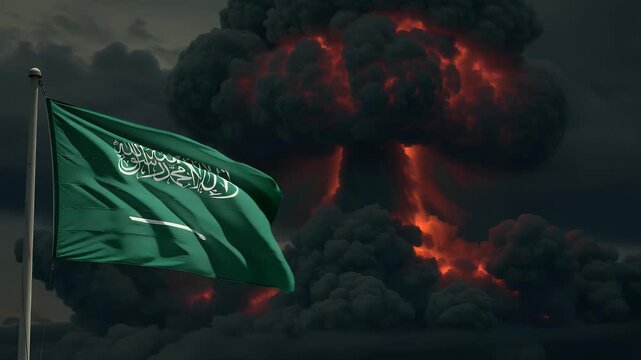 Animation of the Saudi Arabian flag waving against a backdrop of a massive fiery explosion. This footage can be used to depict concepts such as conflict, crisis, war, or political instability.