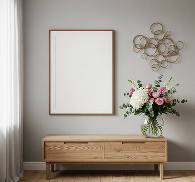 Elegant living room arrangement featuring a wooden console table and floral centerpiece against a neutral wall