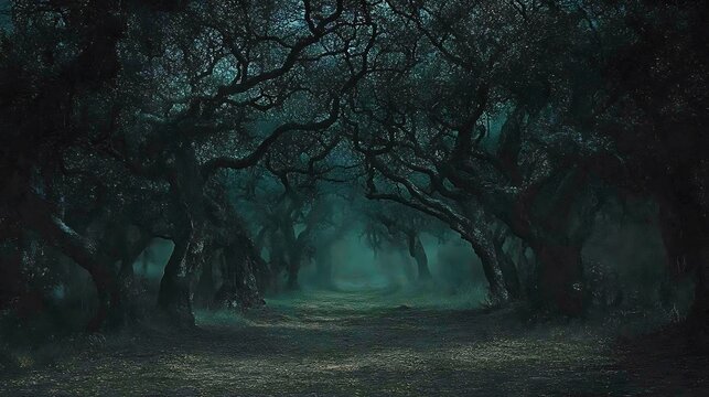 Foggy woodland path lined with ancient trees. - Powered by Adobe