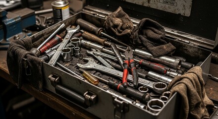 Fototapeta premium Open Metal Toolbox Filled with Wrenches, Screwdrivers, and Tools on a Wooden Surface