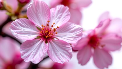 Obraz premium Delicate cherry blossom in full bloom. The soft pink petals create a beautiful contrast against the blurred background