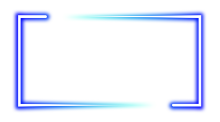 A glowing neon frame with a blue and sky blue gradient. A modern, electric border in a rectangular bracket shape on transparent background, neon sign Banner, Mockup, presentation, Design element, PNG