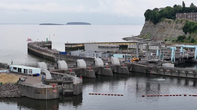 The Cardiff bay tidal barrage Panning drone aerial