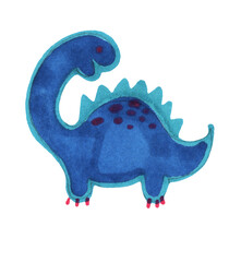 Adorable blue watercolor dinosaur with spikes and red claws. Perfect for children's books, nursery decor, and kids' products. Cheerful cartoon character on white background