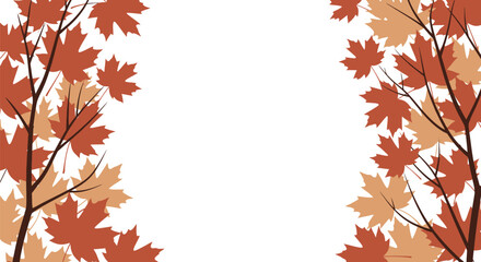 Fototapeta premium Illustration of maple leaves in shades of brown and orange on branches framing a white background